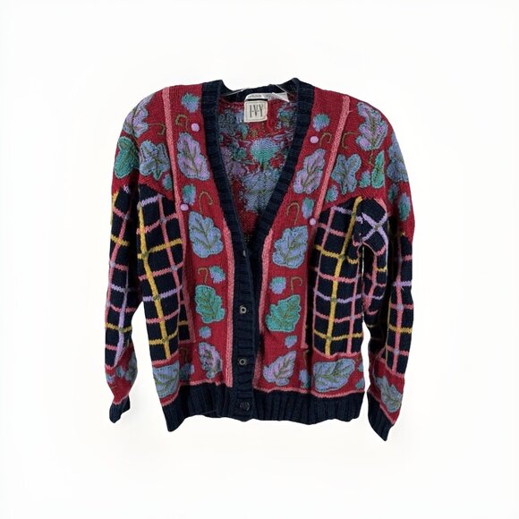 IVY Vtg Multicolor Hand Knit Cardigan Sweater Sz M Retro 1980s 80s Grannycore - Picture 2 of 6